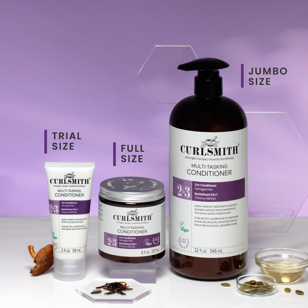 Deep conditioning shot illustrates 15–30 minute treatment for hydrated curls.