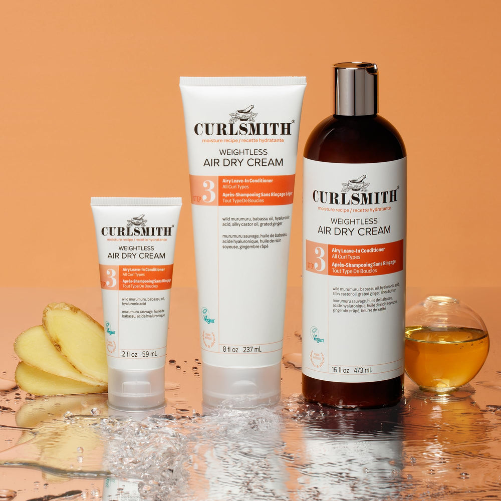 CurlSmith Weightless Air Dry Cream close-up showing defined curls without residue.