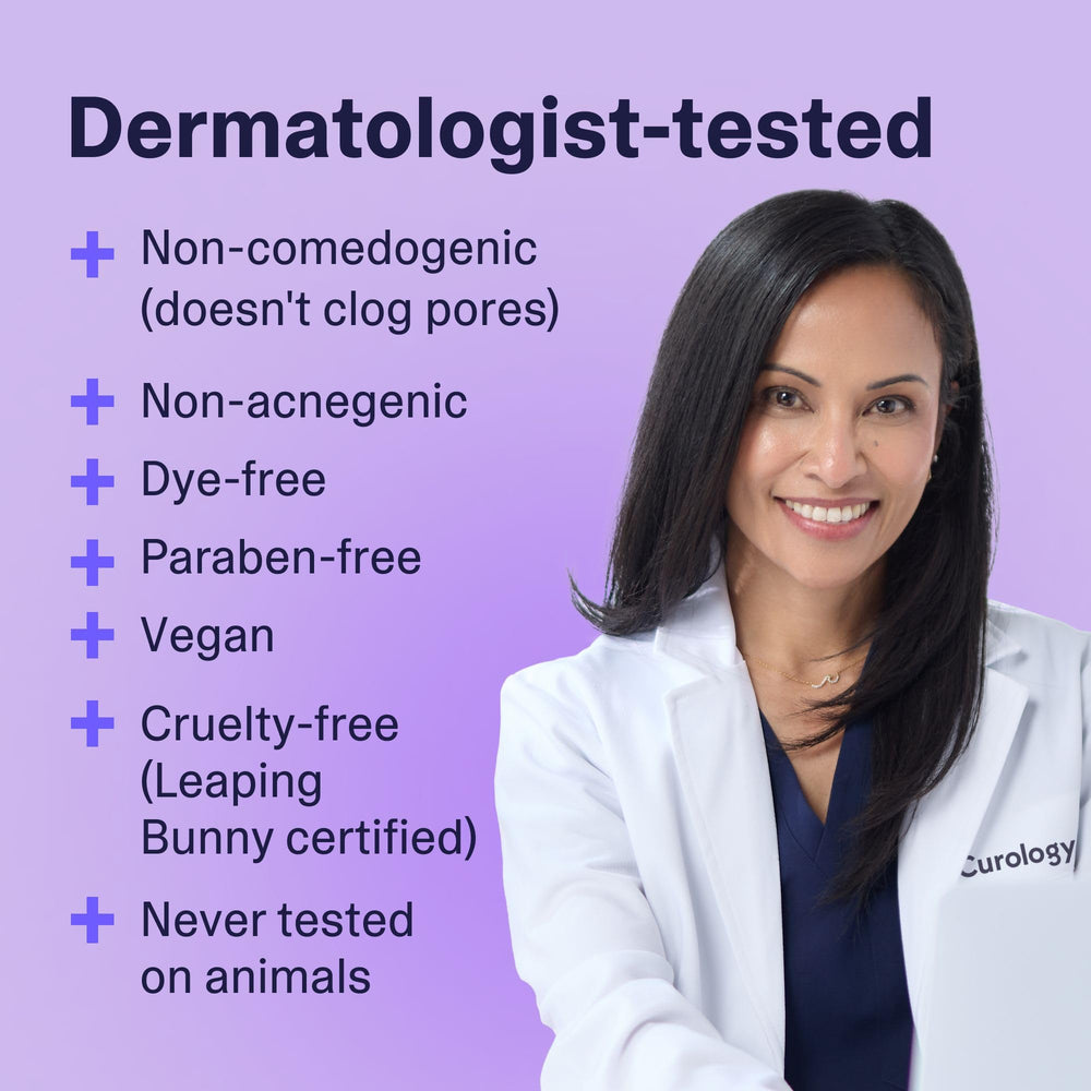 Curology fragrance-free formula close-up emphasizes gentle hydration.