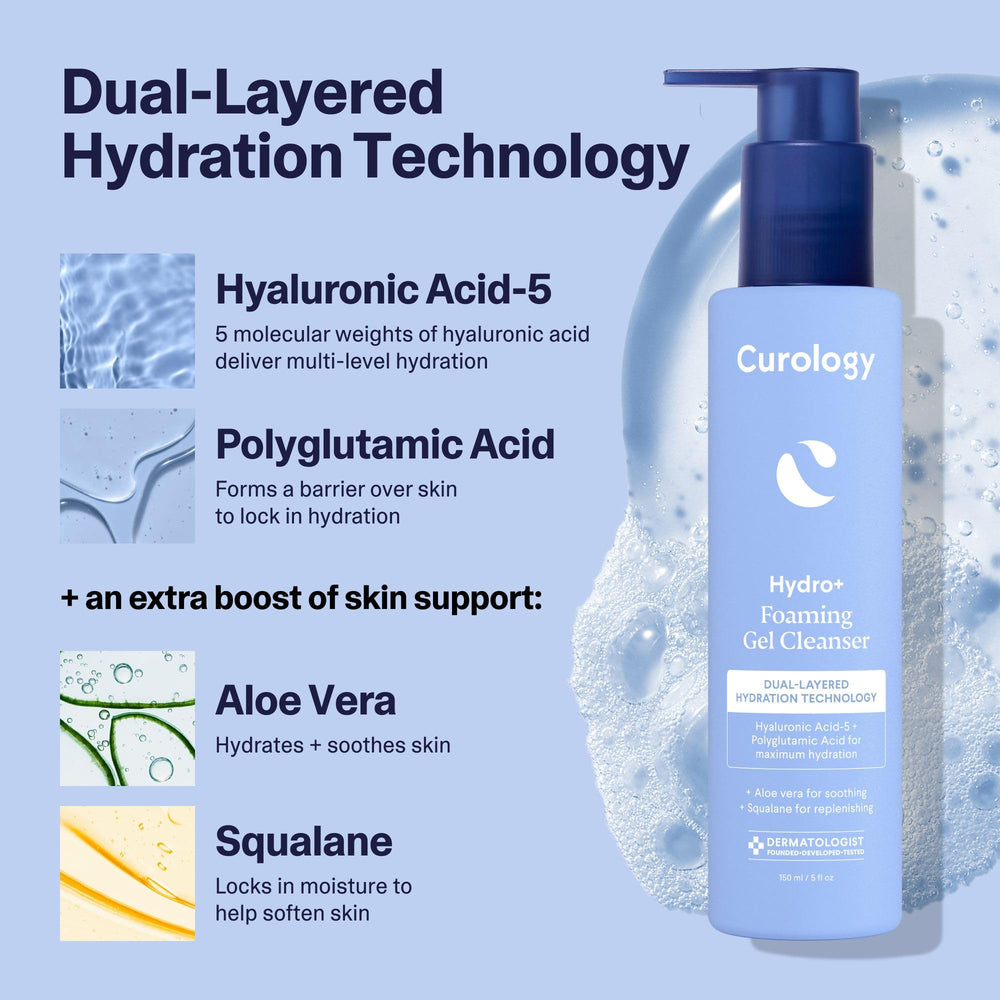 Curology Hydro+ cleanser with aloe and squalane visuals emphasizing soothing hydration.