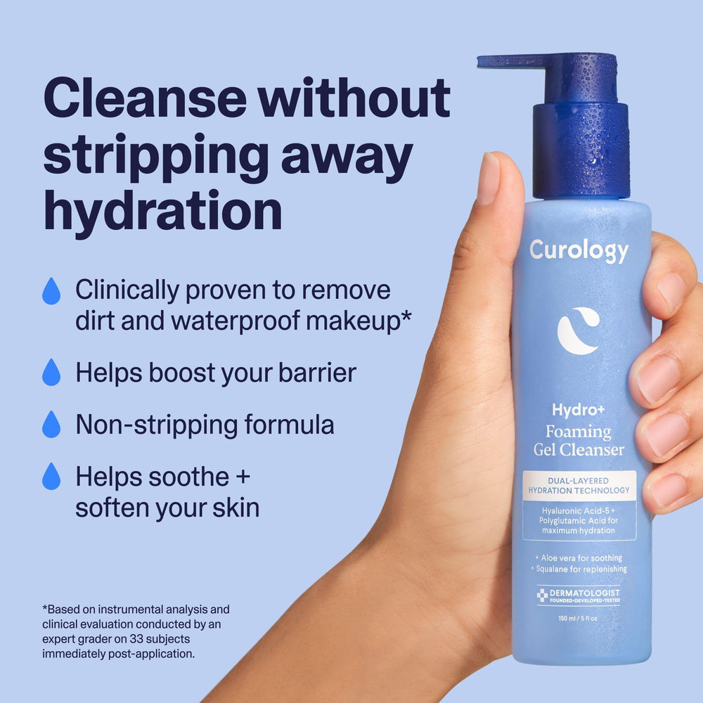 Curology Hydro+ cleanser foam lather ready to gently cleanse without drying.