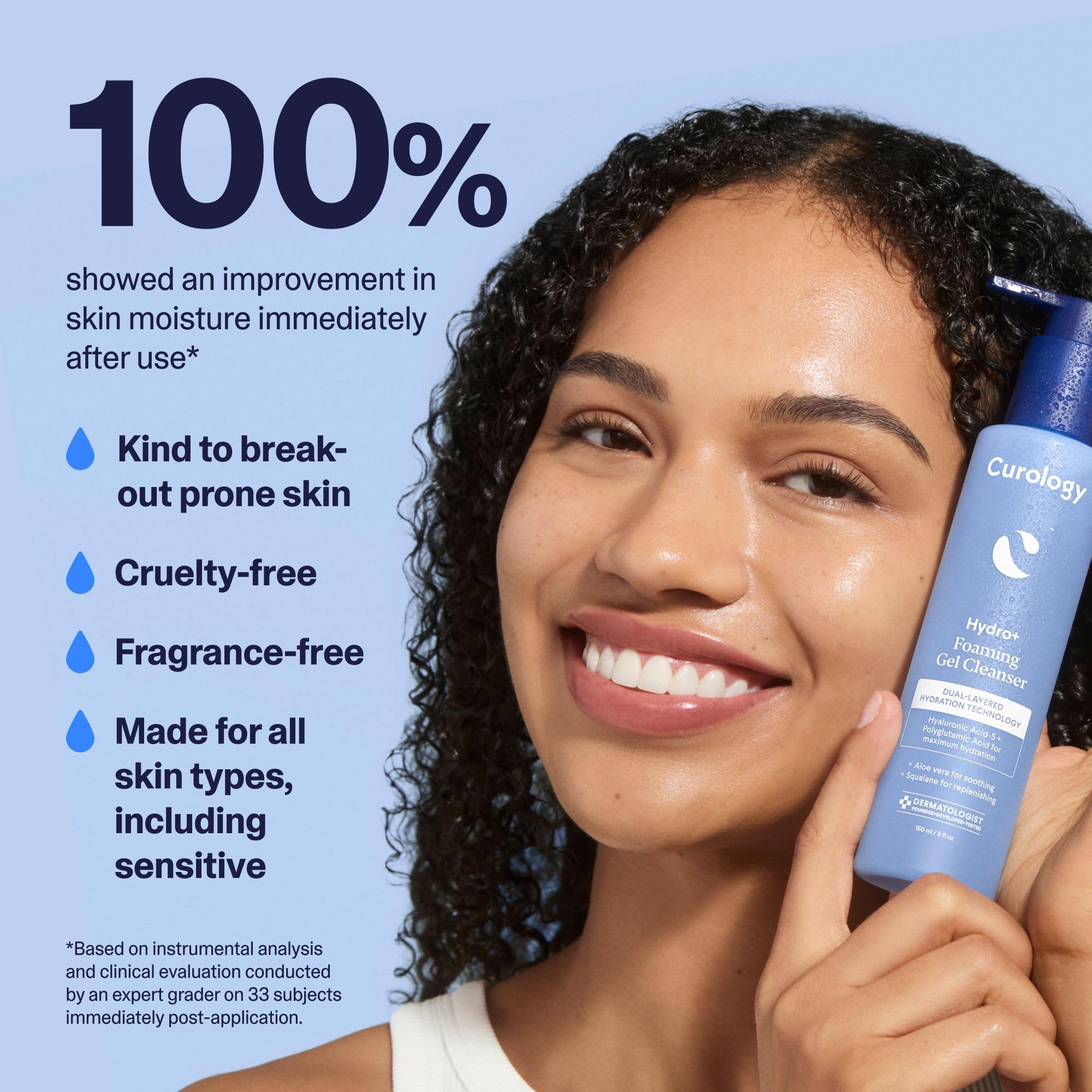 Curology Hydro+ texture close-up showing jelly-to-foam transformation for rich cleanse.