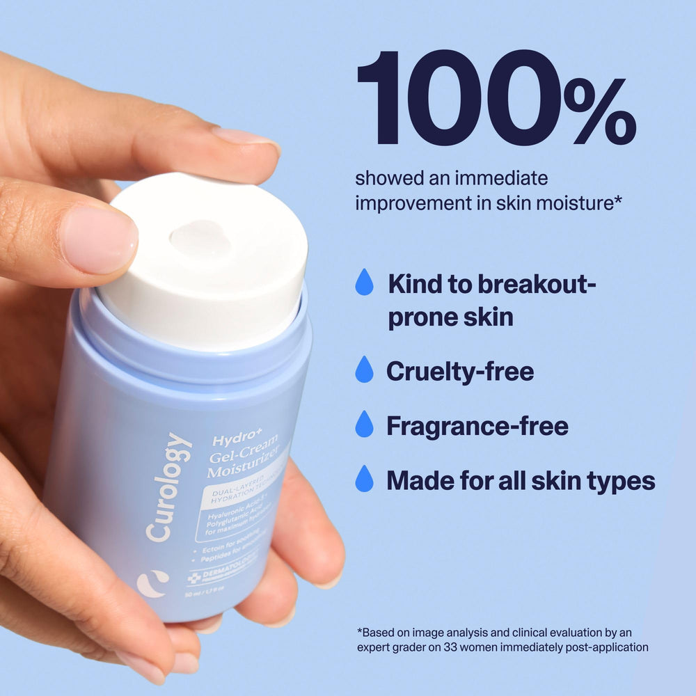 Curology Hydro+ Gel Cream packaging box, featuring vegan and fragrance-free labeling.