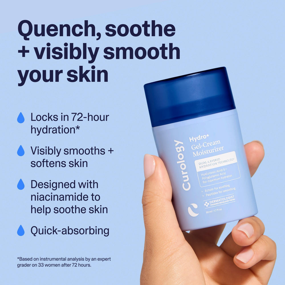 Curology Hydro+ Gel Cream texture closeup, showing a cooling, non-greasy feel.