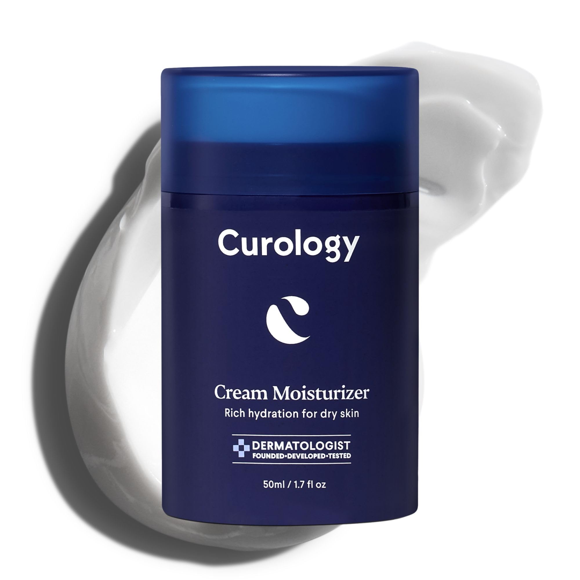 Curology rich moisturizer bottle showing daily dry skin relief and smooth feel