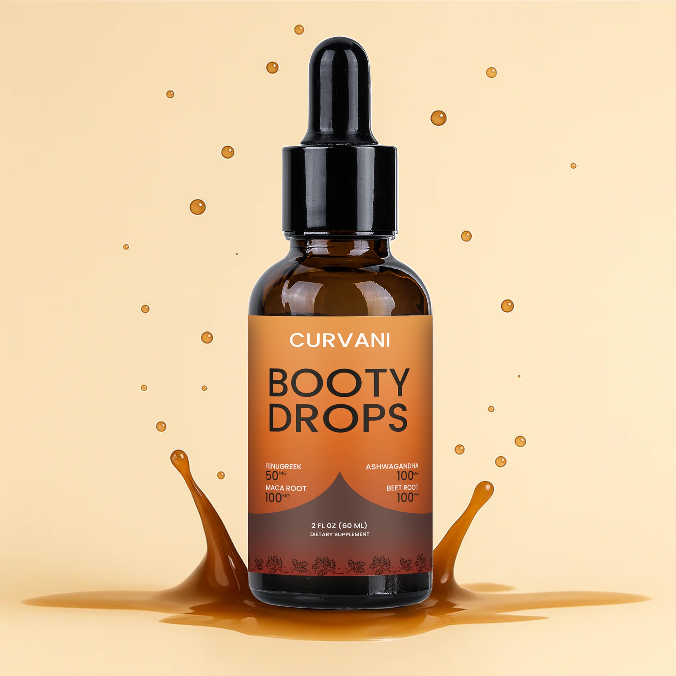 Curvani Booty Drops label detail highlighting ingredients and usage