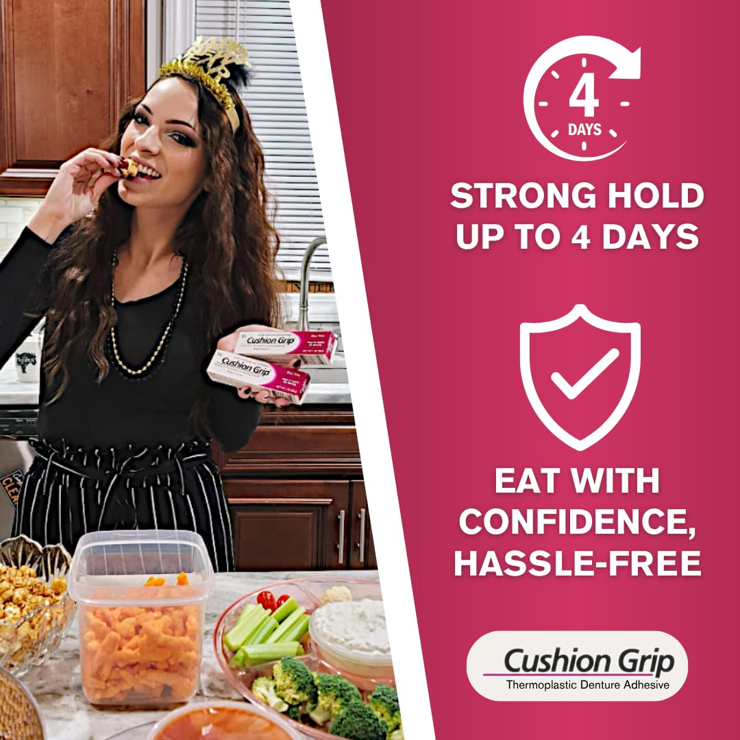 Cushion Grip zinc-free formula for safe denture adhesion.
