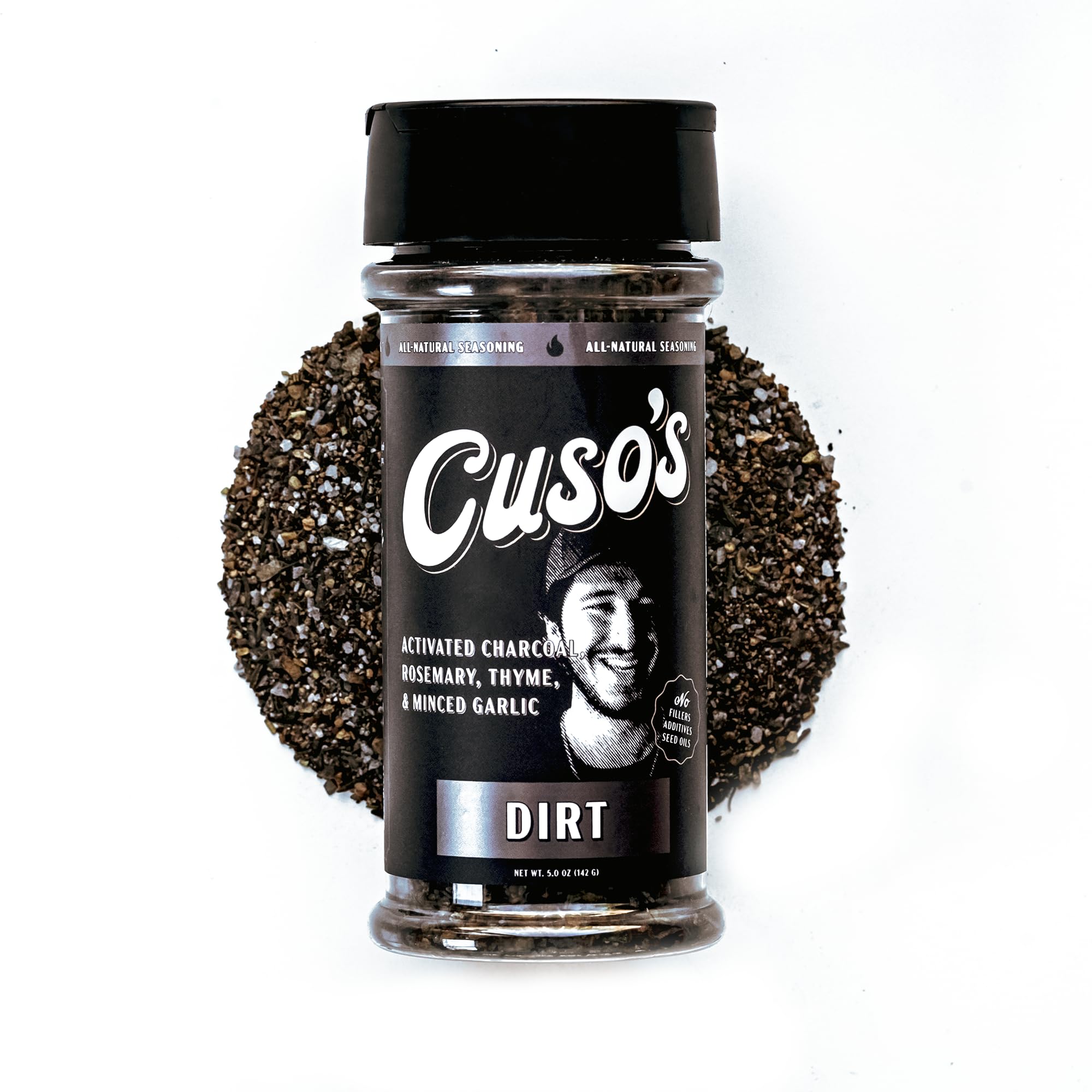 Cuso Cuts Dirt BBQ seasoning bottle adds bold smoky flavor to steaks and briskets.