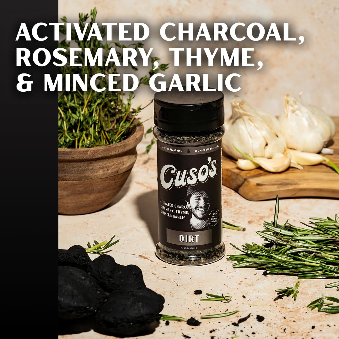 Dirt seasoning powder jar close-up highlighting high-quality, natural ingredients.
