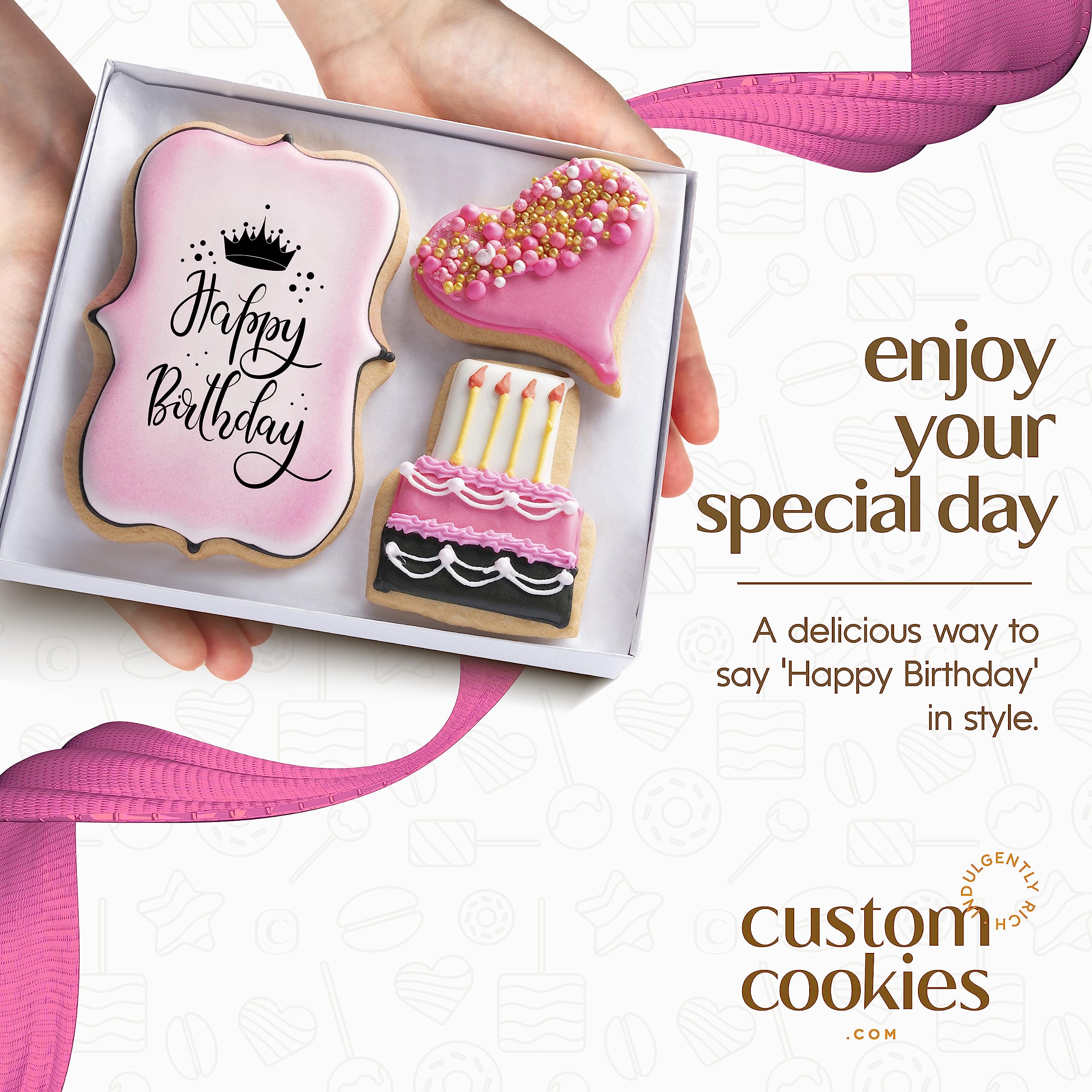 Custom Cookies hand decorated cookies close-up, showcasing vibrant designs your recipient will love.