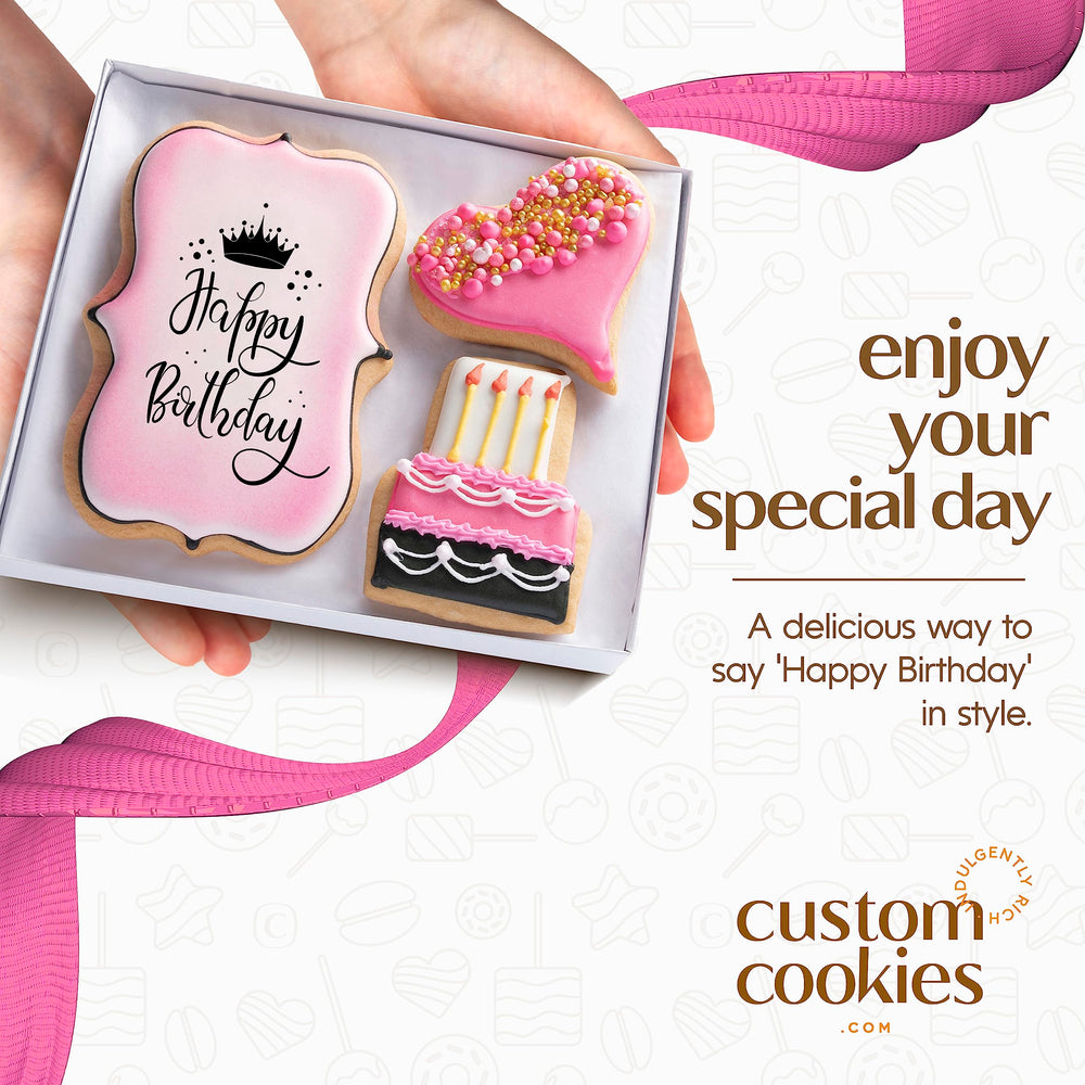 Custom Cookies hand decorated cookies close-up, showcasing vibrant designs your recipient will love.