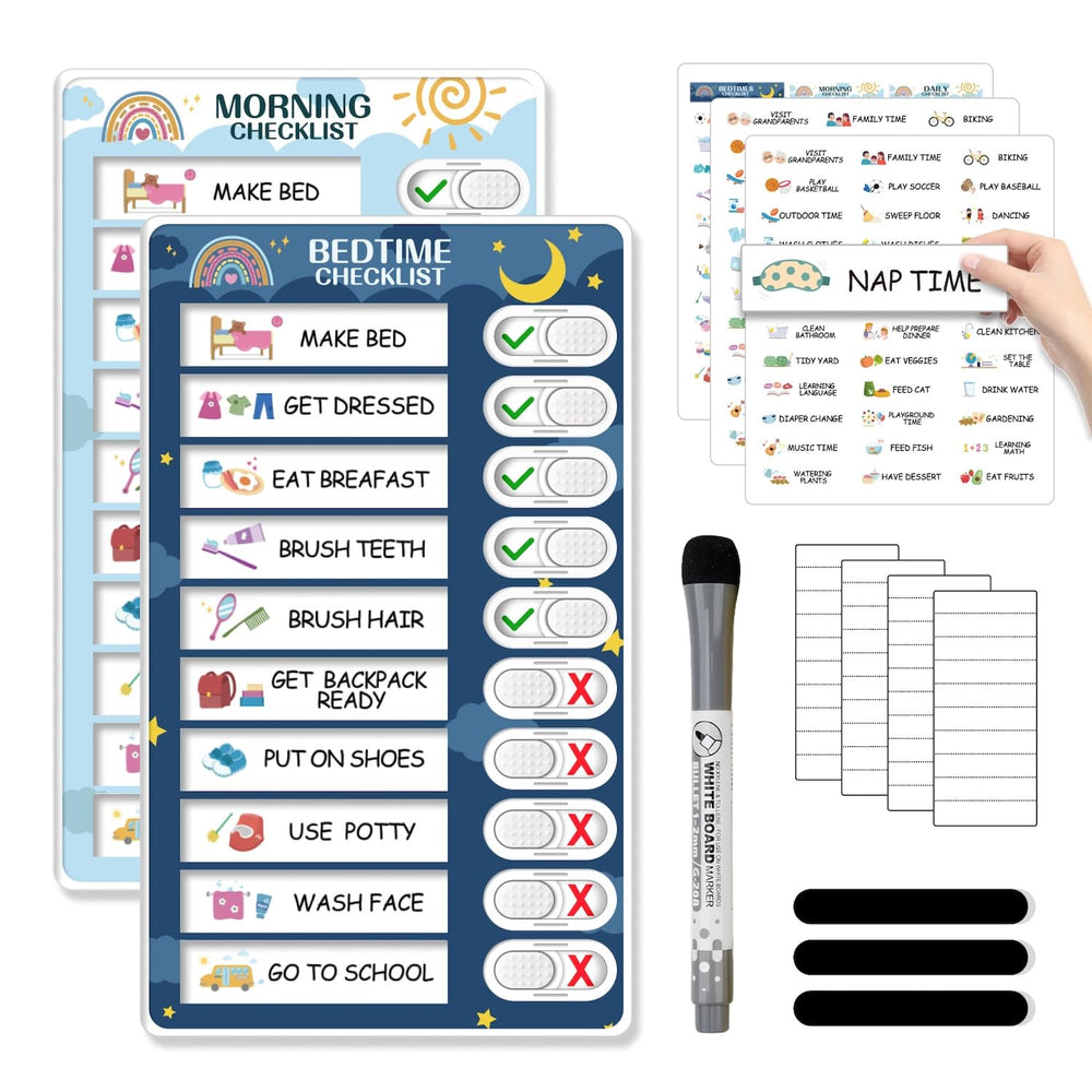 CustomMaster 2-in-1 bedtime morning chart with magnets helps kids stay organized