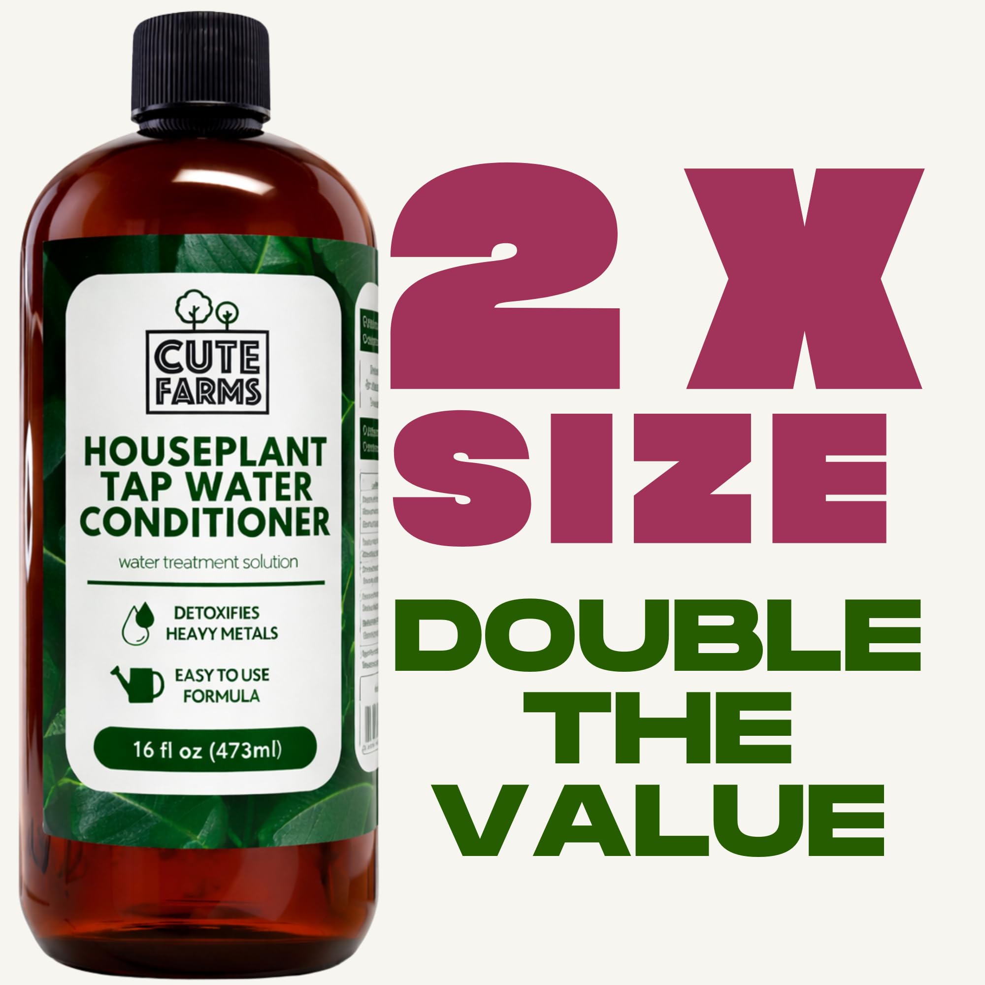 Cute Farms Tap Water Conditioner bottle close-up shows heavy metal detox for safer water.