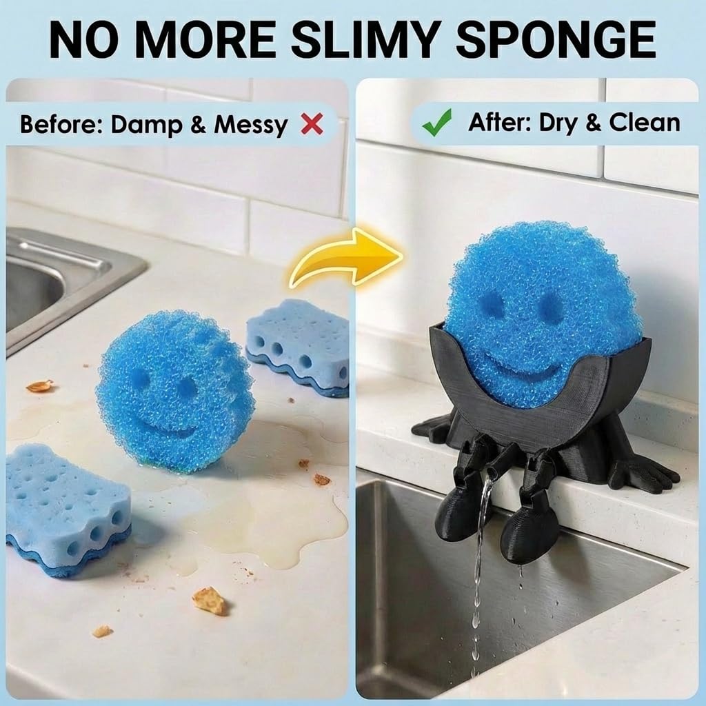 Cute Hanging Sponge Holder with Drainage beside the sink highlighting compact, tidy setup