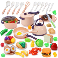Cute Stone 51-piece play kitchen pots and pans for imaginative pretend cooking.