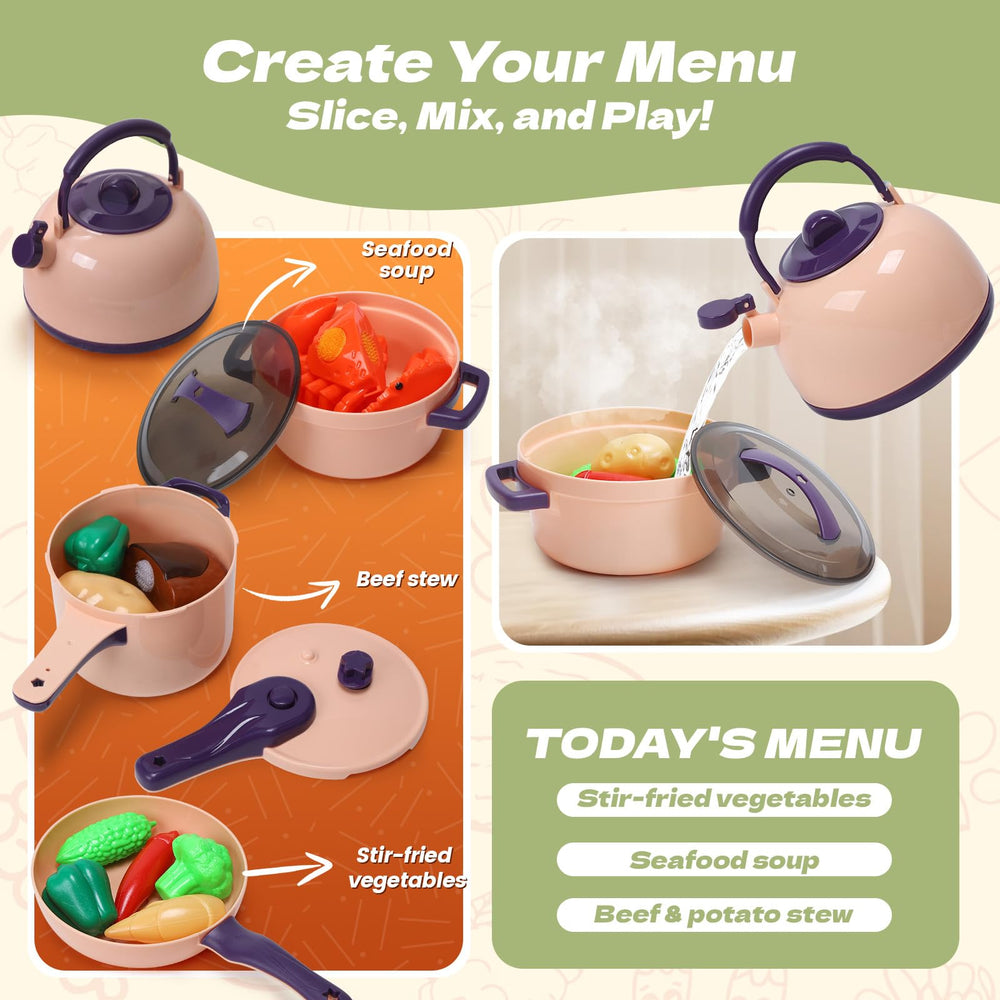 Cute Stone compact design pots and pans for easy storage and on-the-go play.