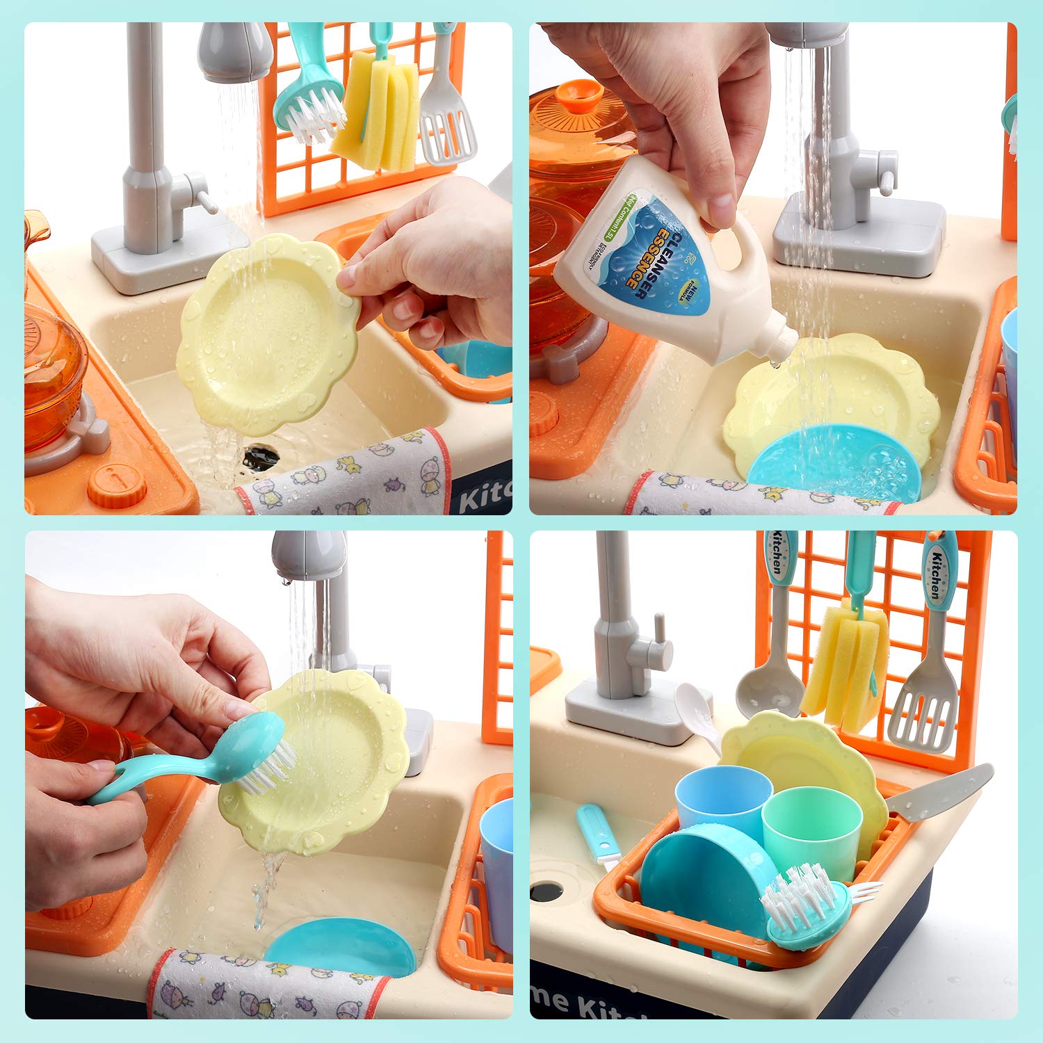 CUTE STONE compact-storage-play-area: neatly organized toy kitchen accessories