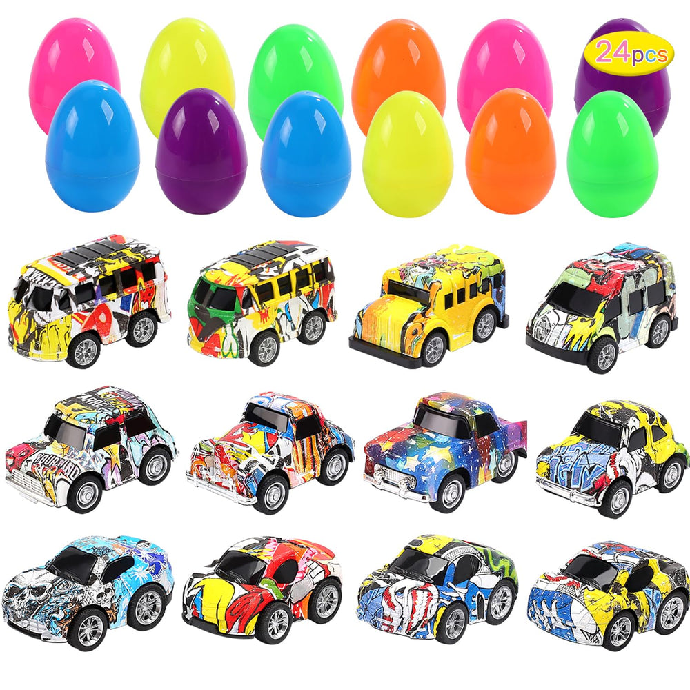 Cute Stone 12-pack Easter eggs with alloy pull-back cars for kids' treasure hunt
