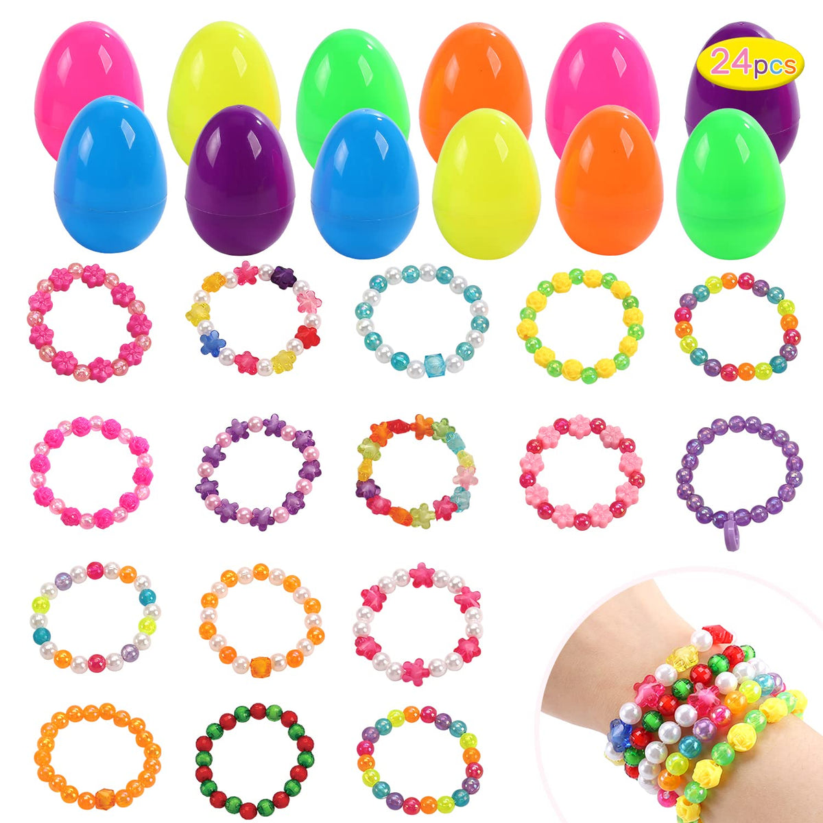 Cute Stone Easter eggs with bracelets inside, ideal for a bright backyard treasure hunt.