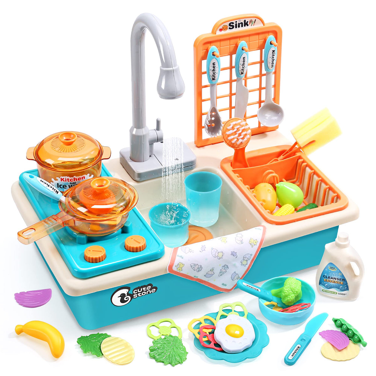 Cute Stone play kitchen sink toy with faucet for realistic water flow.