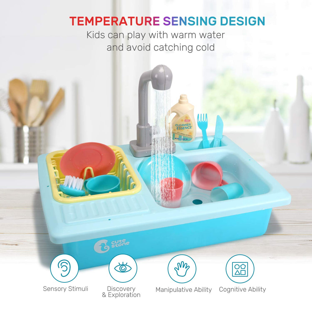 Cute Stone upgraded faucet toy enables realistic water flow during pretend play.