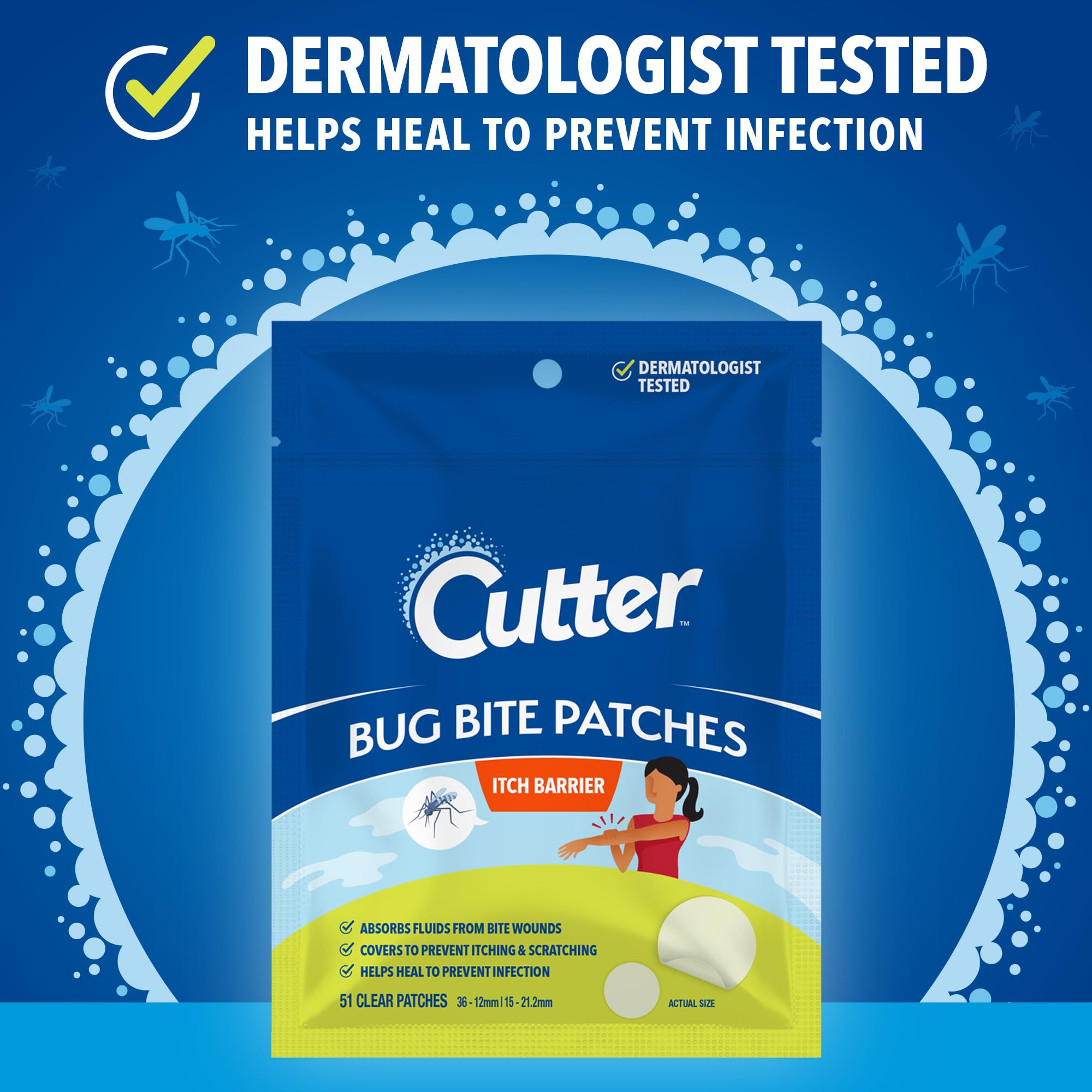 Cutter Bug Bite Patches closeup adhesive texture emphasizing secure wear.