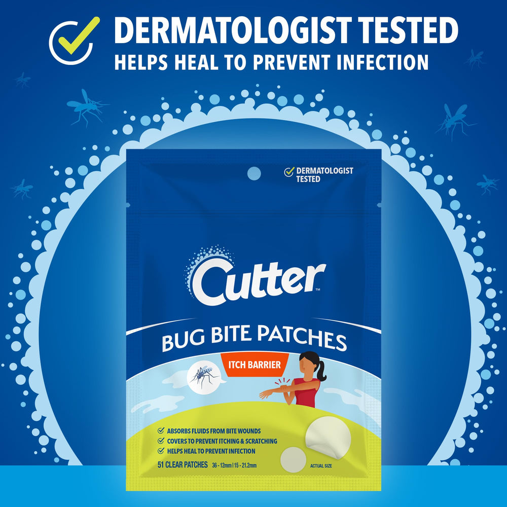 Cutter Bug Bite Patches closeup adhesive texture emphasizing secure wear.