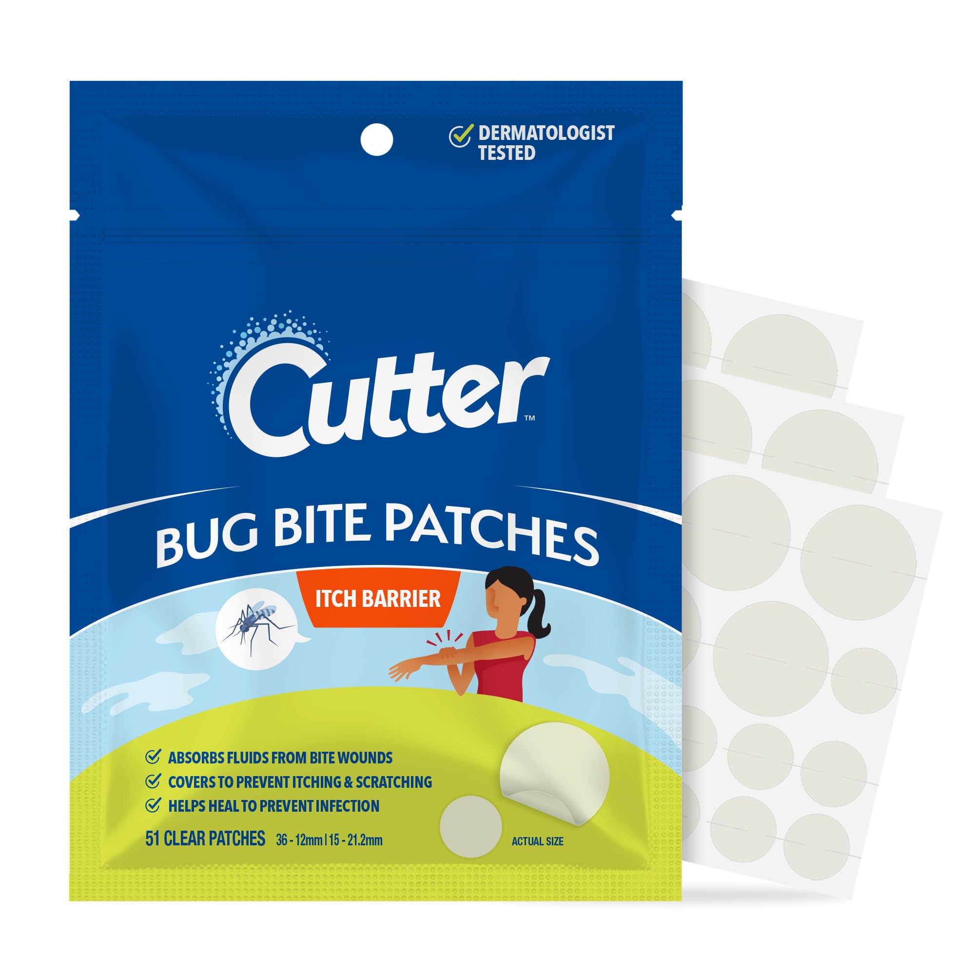Cutter Bug Bite Patches pack front showing vegan, fragrance-free design for sensitive skin.