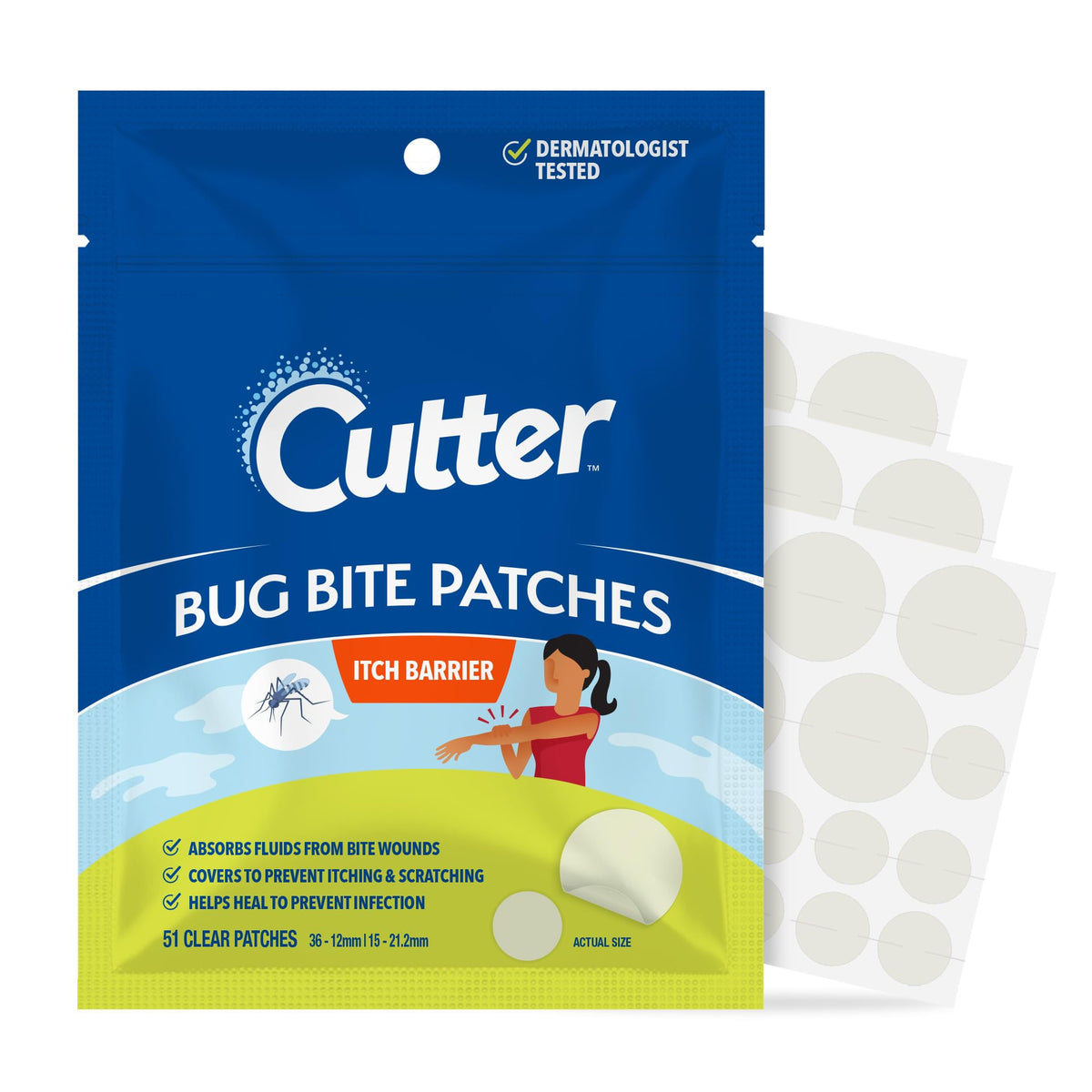 Cutter Bug Bite Patches pack front showing vegan, fragrance-free design for sensitive skin.