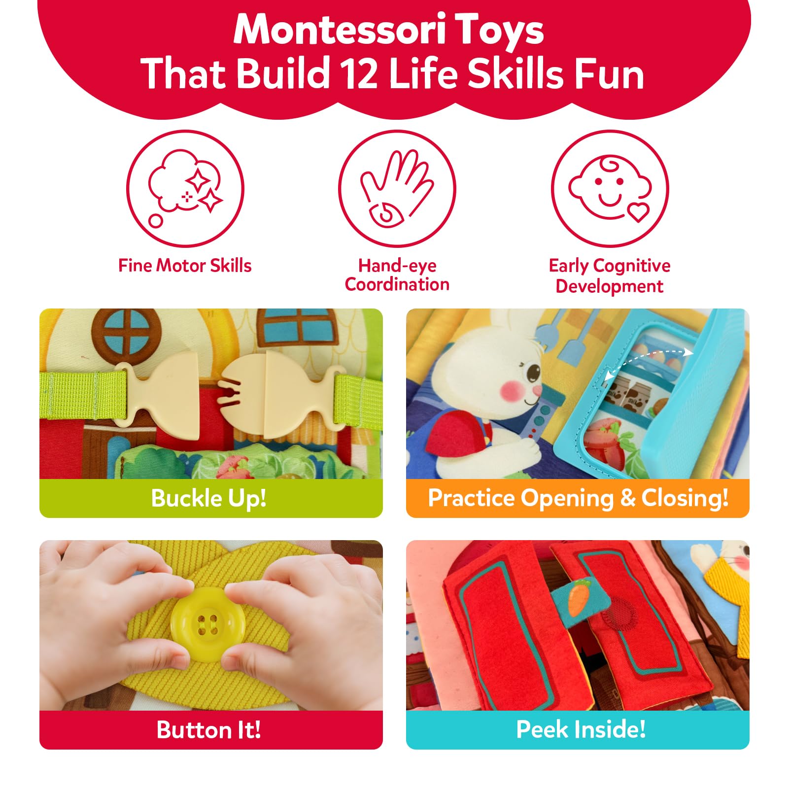 CuteZone Busy Book buckles, buttons, and snaps build fine motor skills