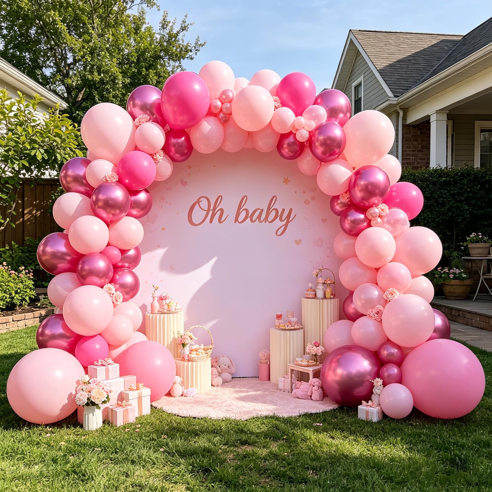 CVPARTYON pink balloon backdrop setup for weddings or baby showers.