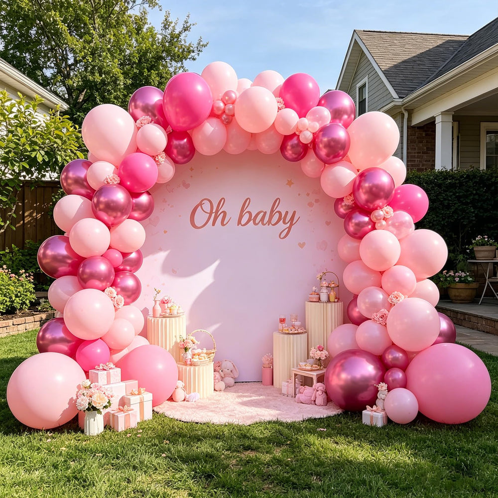 CVPARTYON pink balloon backdrop setup for weddings or baby showers.