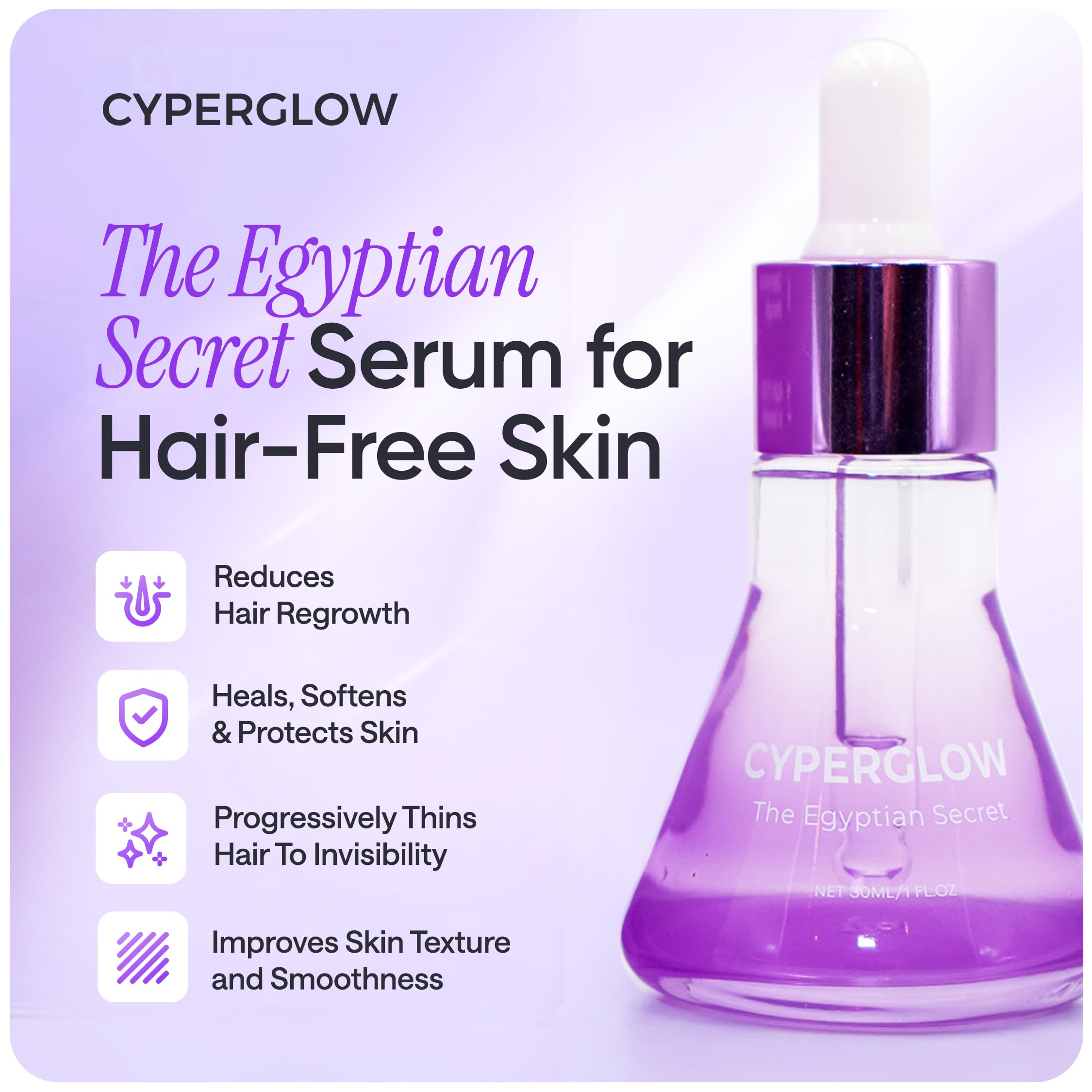 CYPERGLOW serum texture shows fast absorption for a non-greasy finish.