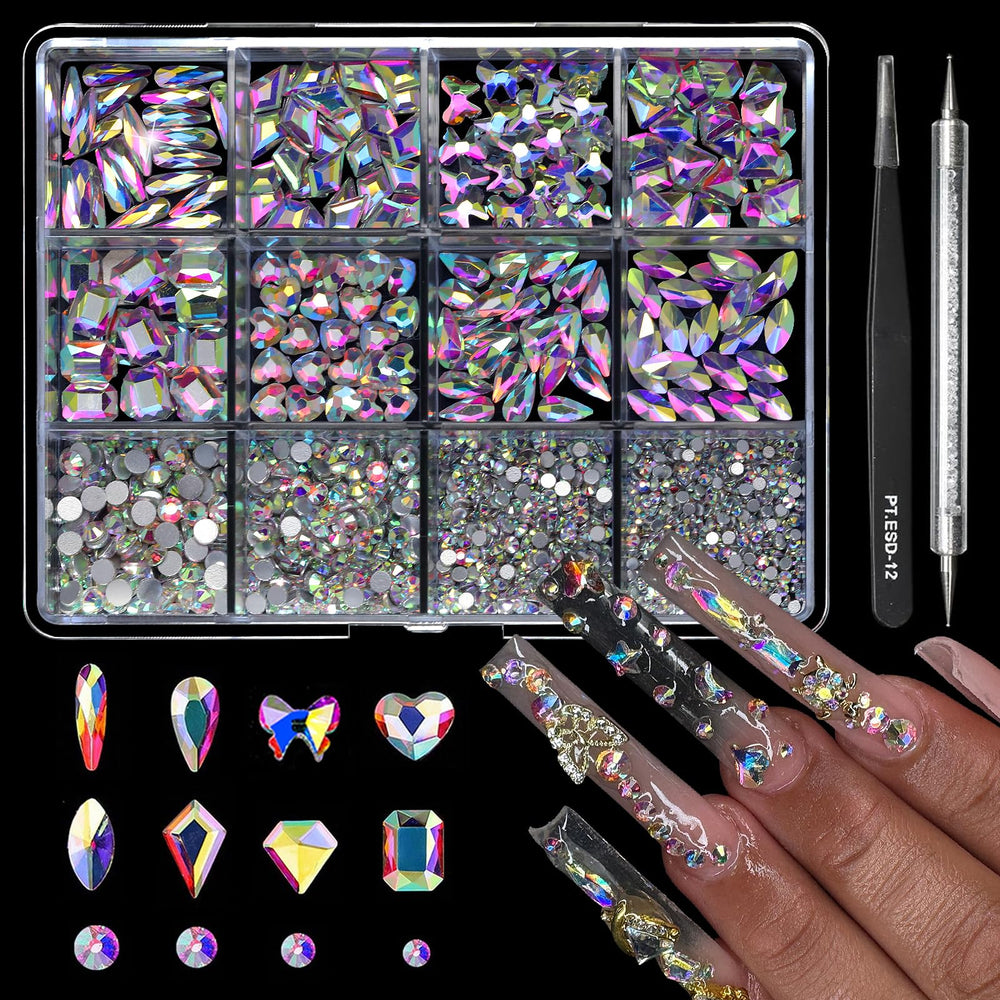 Cycullinyt 1660pcs Crystal AB rhinestones kit for dazzling nails and crafts.