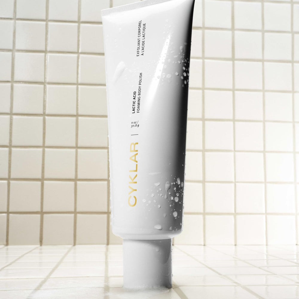 CYKLAR Lactic Acid Body Polish in bathroom scene for at-home ritual.