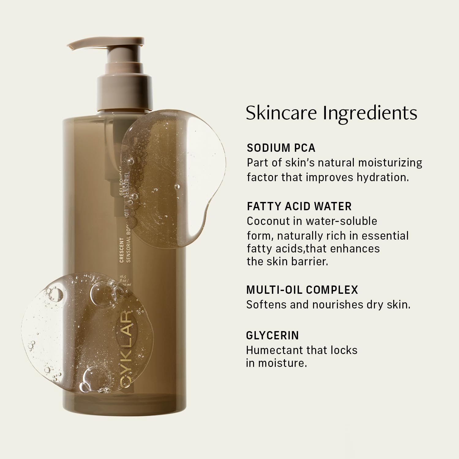 CYKLAR Sensorial Body Wash crescent-fragrance note captures earthy, comforting scent.