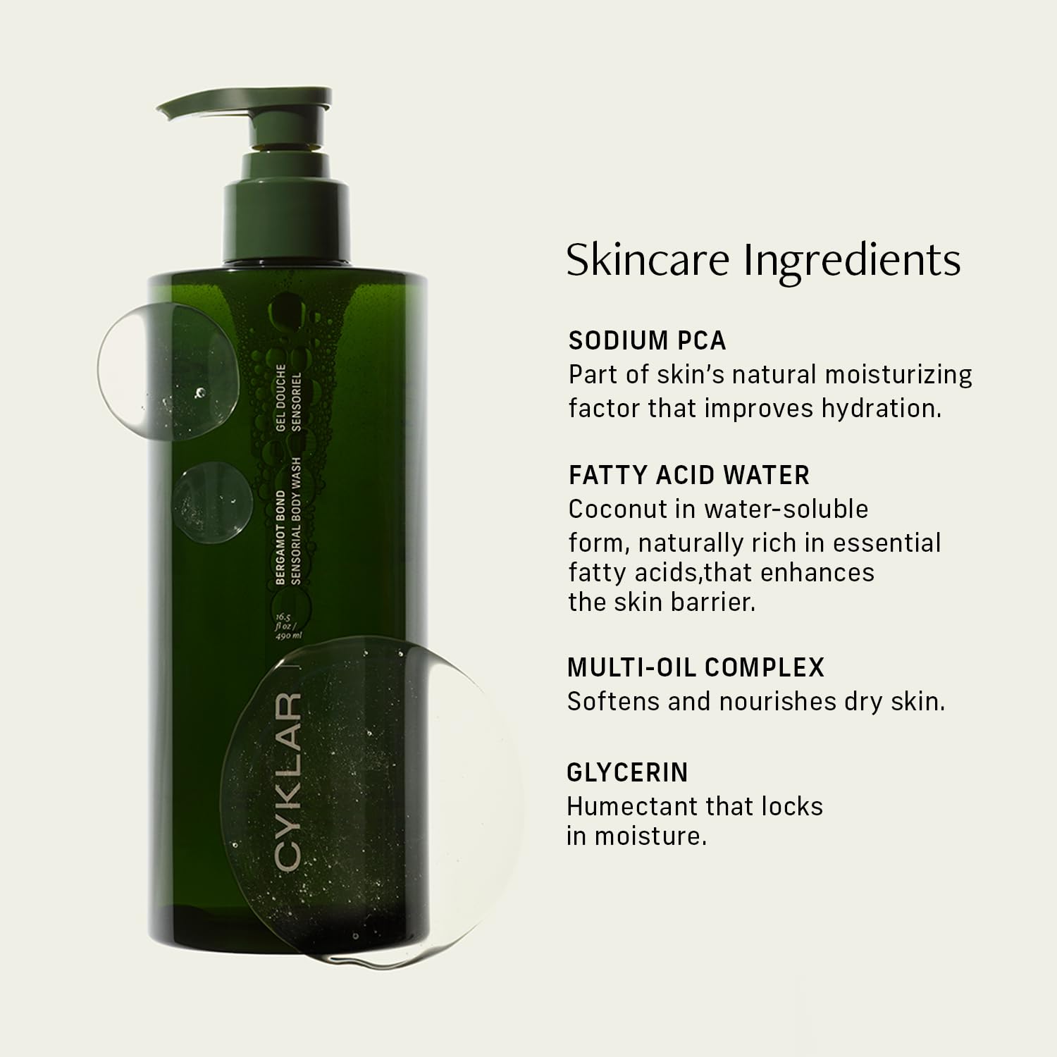 CYKLAR Sensorial Body Wash silky texture close-up conveys luxurious cleansing without drying.