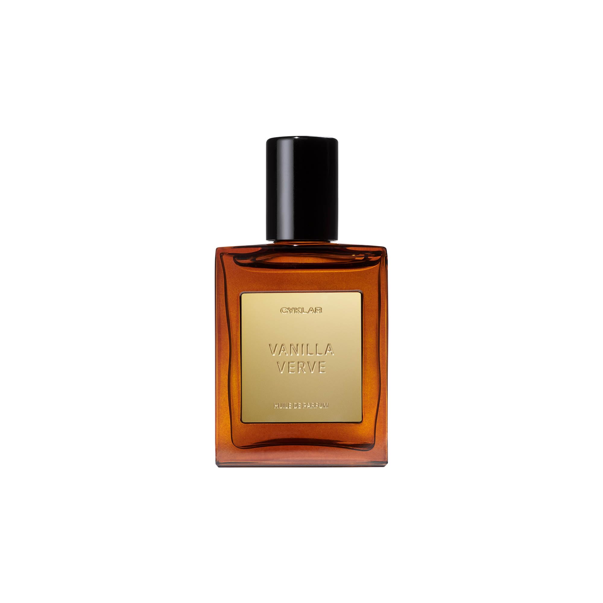CYKLAR Vanilla Verve bottle close-up showing warm vanilla and amber notes for all-day wear.
