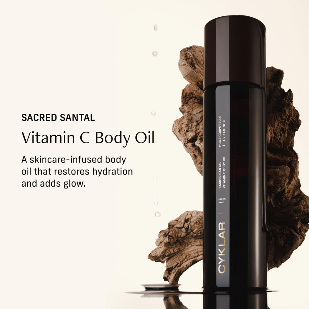CYKLAR Vitamin C Body Oil pump showing quick, non-greasy absorption.