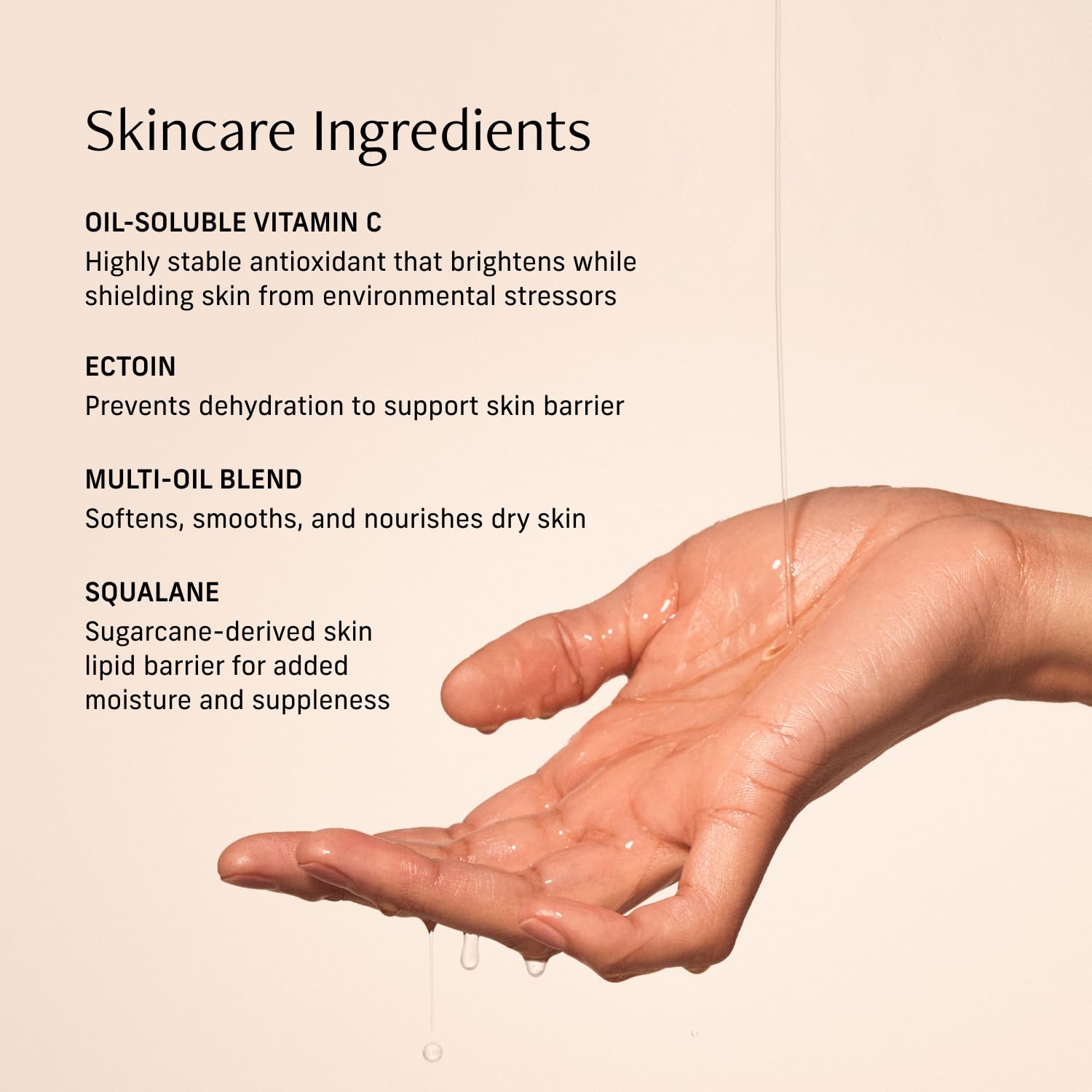 CYKLAR Vitamin C Body Oil includes squalane and ectoin for enhanced hydration.