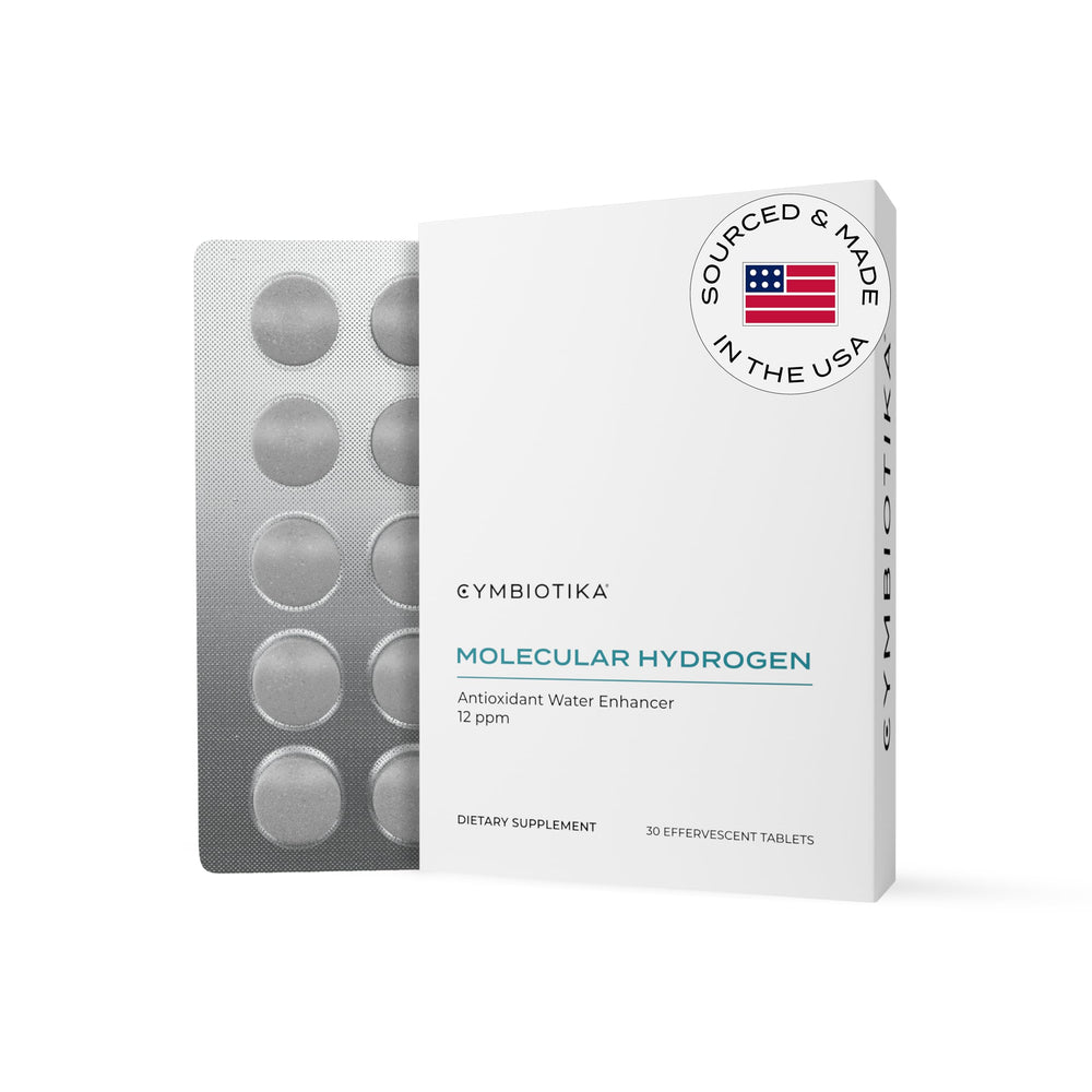 CYMBIOTIKA H2 tablet dissolving in water for convenient hydration and enhanced hydrogen content.