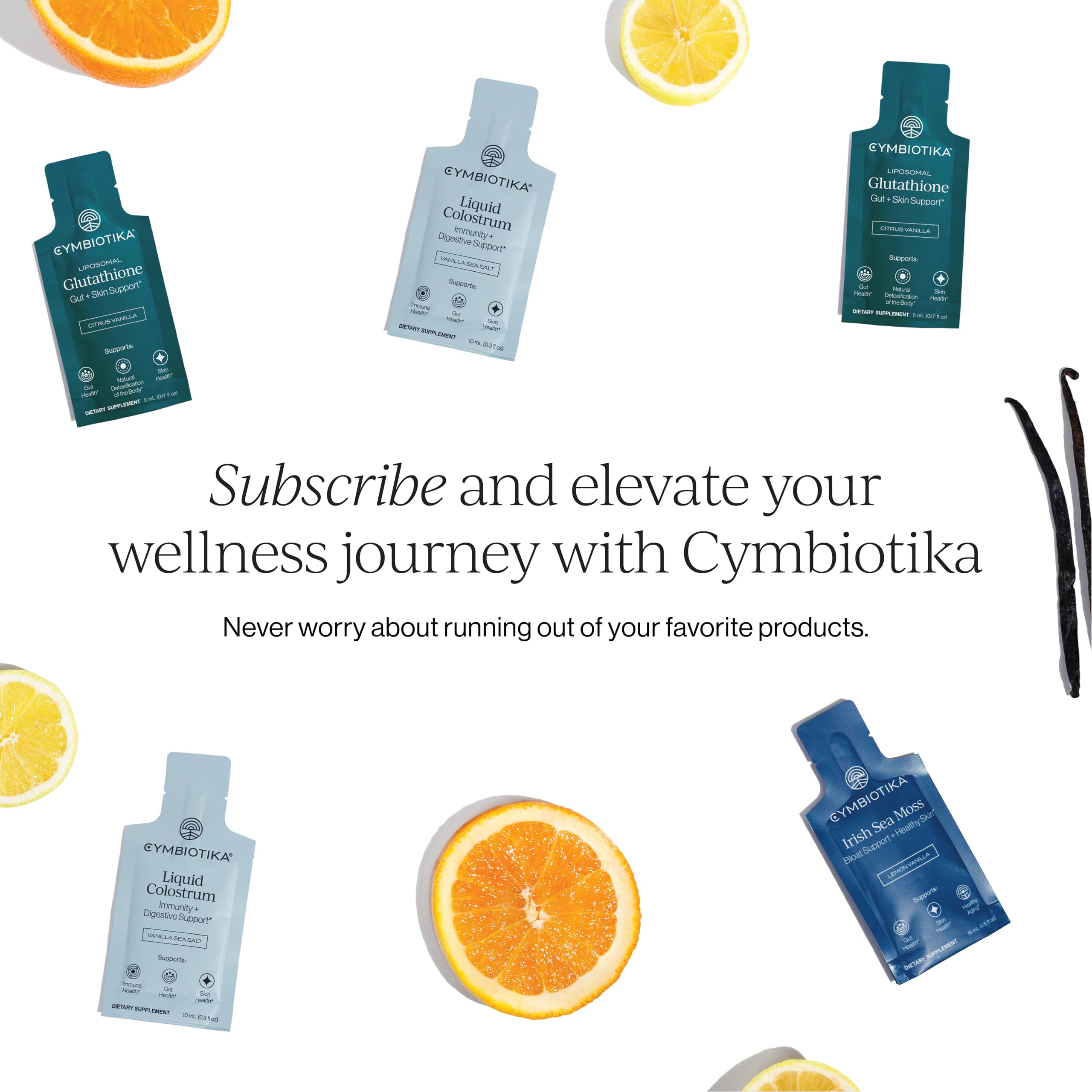 CYMBIOTIKA Packaging box indicates one-month supply and citrus vanilla flavor