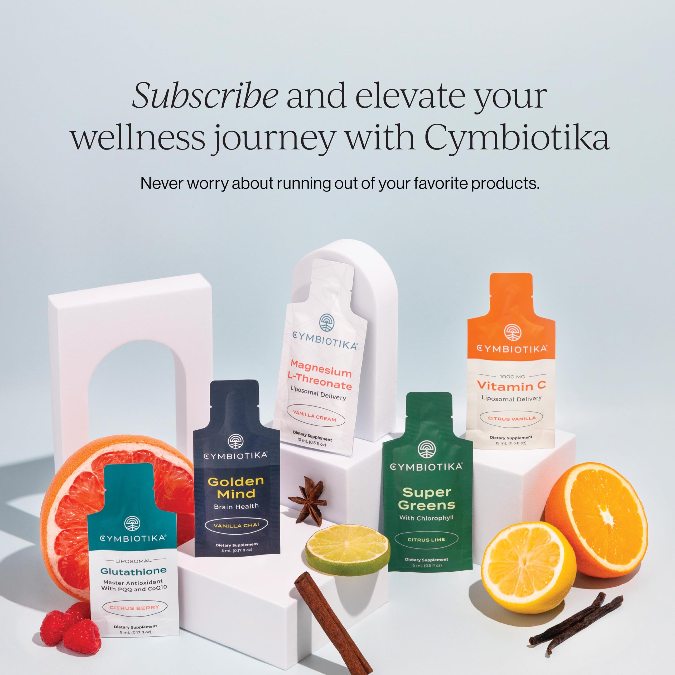 CYMBIOTIKA Packaging on desk showcasing product lineup.