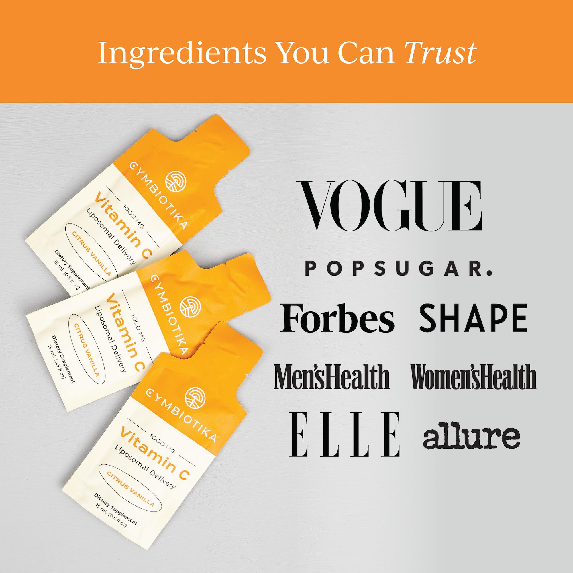 Label shows CYMBIOTIKA 30-count Vitamin C packets