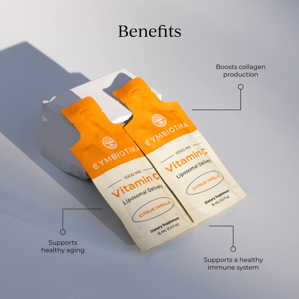 CYMBIOTIKA Vitamin C packets dispense into water for convenient mixing