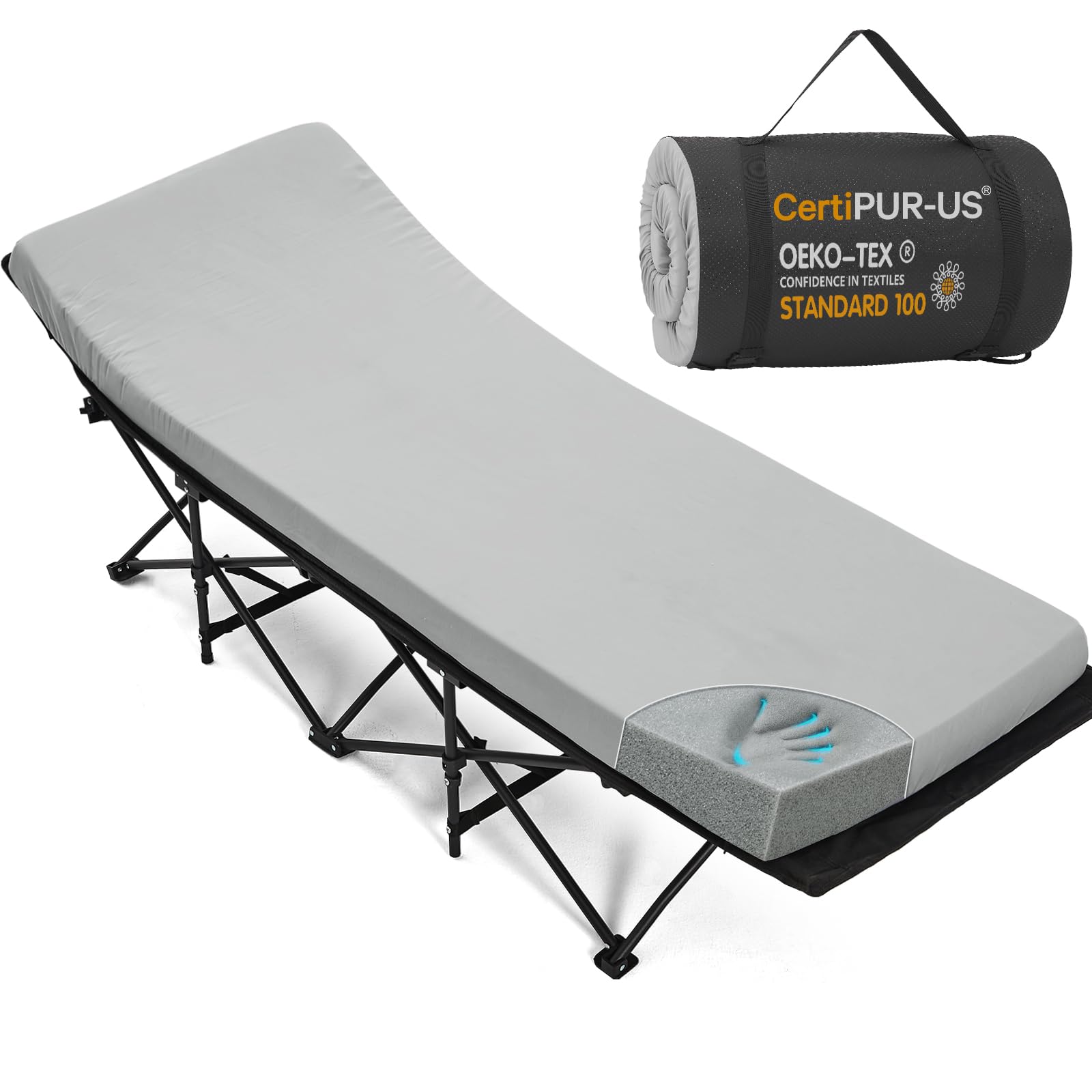CYMULA camping cot mattress memory foam cover showing breathable fabric for easy cleaning