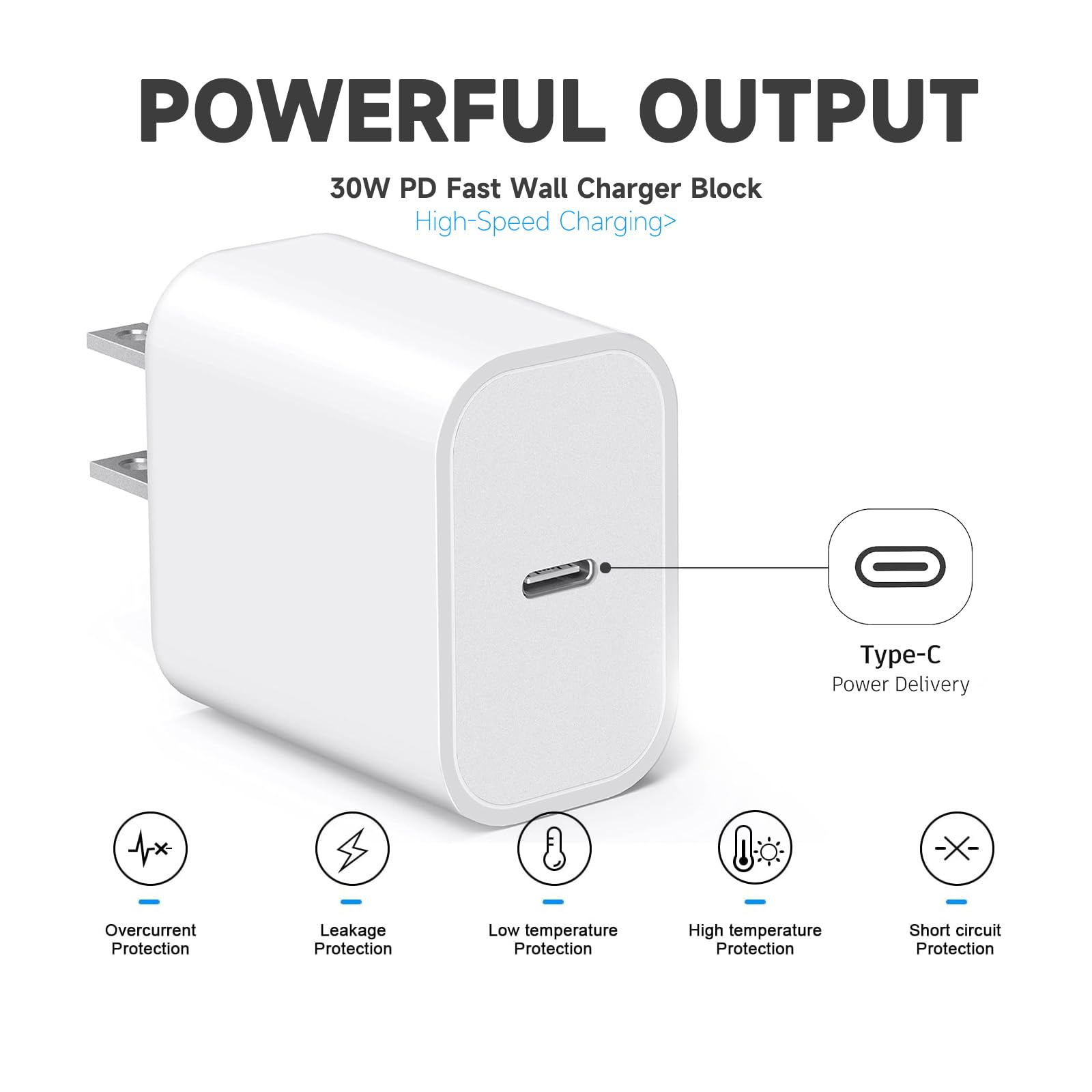 CYQAPC USB-C charger plug-in close-up emphasizing safety features
