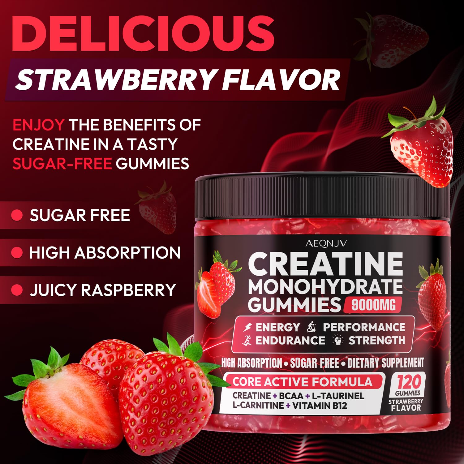 Cytona AEQNJV Creatine Gummies bottle shown with serving info for quick pre-workout boost