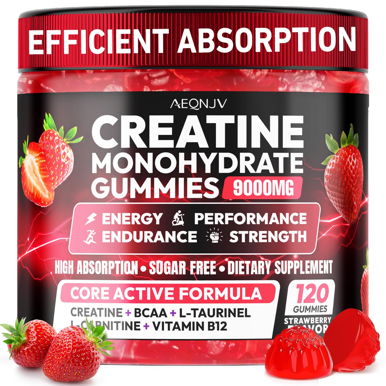Cytona AEQNJV Creatine Gummies packaging highlights vegan strawberry formula for clean energy