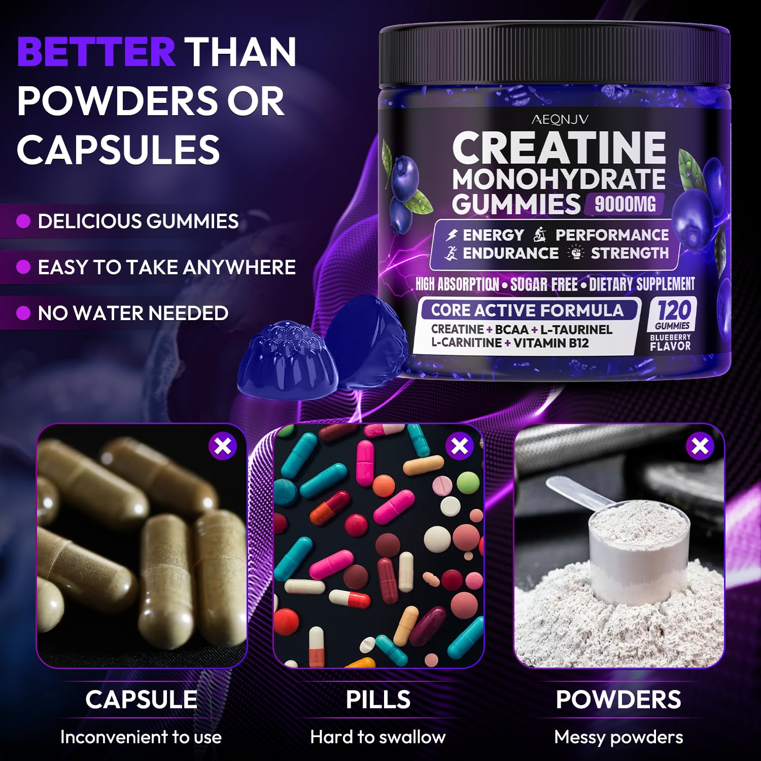 Cytona AEQNJV Creatine Gummies blueberry flavor close-up highlights natural taste